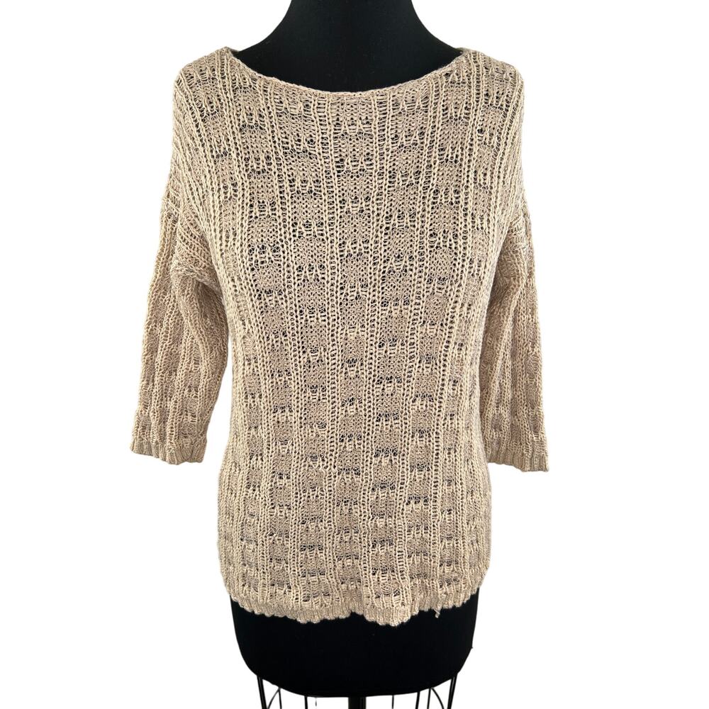 Eileen Fisher Beige Organic Cotton Linen 3/4 Sleeve Round Neck Knit Sweater S